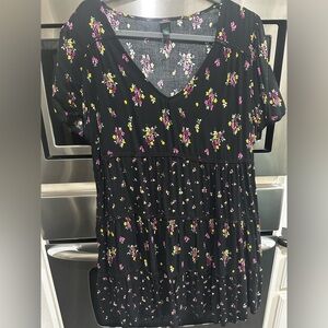 wild fable Black Floral Tiered V-Neck Tunic with Pink and Yellow Flowers